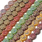 Painted Glass Beads Strands, Golden Metal Enlaced, Flat Round with Flower, Mixed Color, 16~16.5x6.5~7mm, Hole: 1.2mm, about 22pcs/strand, 13.78''(35cm)(GLAA-Z021-18)
