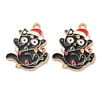 Christmas Theme Alloy Enamel Pendants, Light Gold, Cat Charm, Hat, 25x20.5x1.5mm, Hole: 1.5mm(ENAM-Z022-03B)