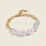 Elegant Natural Pearl Beads Link Bracelets, 304 Stainless Steel Cable Chain Bracelets for Women, Nuggets, Real 18K Gold Plated, 7.28 inch(18.5cm)(ZR4711)