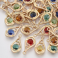 Faceted Glass Pendants, with Eco-Friendly Alloy Open Back Settings, Nickel Free, Teardrop, Light Gold, Mixed Color, 21x11x3.5mm, Hole: 1.6mm(GLAA-R204-B-KC-NF)