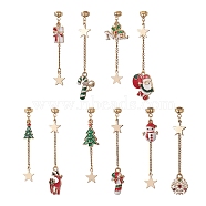 Christmas Theme Alloy Enamel Asymmetrical Earrings, Golden 304 Stainless Steel Dangle Stud Earrings for Women, Mixed Shape, Mixed Color, 56~57mm, Pin: 0.8mm(EJEW-JE05231)