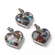 Glass Bottle Pendants, with Natural Gemstone Chips and Platinum Plated Alloy Findings, Heart, 40x32.5x11mm, Hole: 8x5mm(G-Z010-02O)