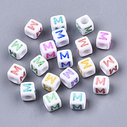 Opaque White Acrylic Beads, with Enamel, Horizontal Hole, Cube with Mixed Color Letter, Letter.M, 6x6x6mm, Hole: 3mm, about 2900pcs/500g(SACR-R252-02M)