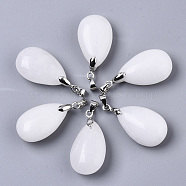 Natural White Jade Pendants, with Stainless Steel Pinch Bails, Teardrop, Stainless Steel Color, 24x15x9~10mm, Hole: 5x4mm(G-N0326-023F)