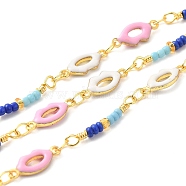 Handmade Brass Enamel Lip Link Chains, Glass Beaded Chains, Real 18K Gold Plated, Soldered, with Spool, Cadmium Free & Lead Free, Pearl Pink, Bead Link: 21~21.5x3x2mm, Lip: 12.5x5x2mm(CHC-M024-26G-03)