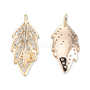 Brass Micro Pave Clear Cubic Zirconia Leaf Peg Bails Pendants, Cadmium Free & Nickel Free & Lead Free, Real 18K Gold Plated, 24.5x10x5mm, Hole: 1.6mm(KK-N232-458)