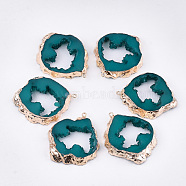 Electroplate Druzy Resin Pendants, with Iron Findings, Light Gold, Teal, 47.5~48x40~41x7~7.5mm, Hole: 1.8mm(RESI-S366-24G)