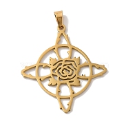 304 Stainless Steel Pendants, Laser Cut, Witch Knot with Rose Charm, Real 18K Gold Plated, 34x31.5x1mm, Hole: 6x3mm(STAS-U010-10G)