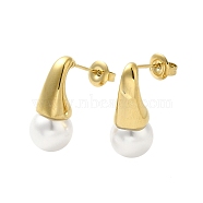 304 Stainless Steel Shell Pearl Round Stud Earrings for Women, Golden, 22x9.5mm(EJEW-U020-27G)