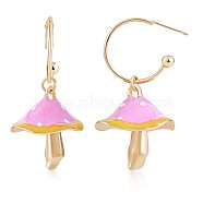 Enamel Mushroom Dangle Stud Earrings, Gold Plated Alloy  Half Hoop Earrings for Women, Pink, 47x24.5mm, Pin: 0.7mm(JE987D)