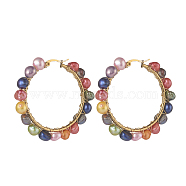 Natural Pearl Beaded Hoop Earrings, with 304 Stainless Steel Hooks, Golden, Colorful, 50x7mm, Pin: 0.7mm(EJEW-JE04586)