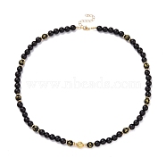 Om Mani Padme Hum Buddhist Jewelry, Round Natural Obsidian & Lava Rock & Wood Beaded Necklace, Black, Golden, 21.65 inch(55cm)(NJEW-JN03741)