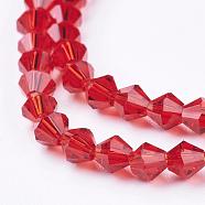 Imitation Austrian Crystal 5301 Bicone Beads, Faceted Glass Beads Strands, Red, 4x4mm, Hole: 1mm, about 88~89pcs/strand, 12.99~13.39 inch(GLAA-S026-11)