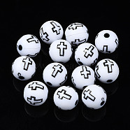 Opaque Acrylic Beads, Round with Cross, White, 10x9.5mm, Hole: 2mm(X-SACR-S273-38-A01)