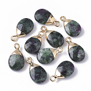 Natural Ruby in Zoisite Pendants, with Top Golden Plated Iron Loops, Teardrop, Faceted, 17~19x10x5mm, Hole: 1.8mm(G-S359-017A)