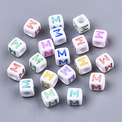 Opaque White Acrylic Beads, with Enamel, Horizontal Hole, Cube with Mixed Color Letter, Letter.M, 6x6x6mm, Hole: 3mm, about 2900pcs/500g(SACR-R252-02M)