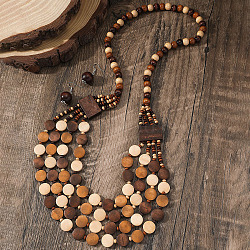 Bohemian Ethnic Style Wood Beaded Multilayer Necklaces & Dangle Earrings Sets, Flat Round, Coconut Brown, 800mm & 38x15mm(WG82ABA-01)