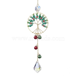 Christmas Glass Beads Wire Wrapped Tree of Life Hanging Ornaments, Leaf Tassel Suncatchers for Garden Outdoor Decorations, Colorful, 285mm(HJEW-TA00209)