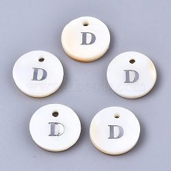 Natural Freshwater Shell Pendants, with Platinum Plated Iron Etched Metal Embellishments, Flat Round with Initial Letter, White, Letter.D, 11x2mm, Hole: 1.5mm(SHEL-Q018-01A-D-P)