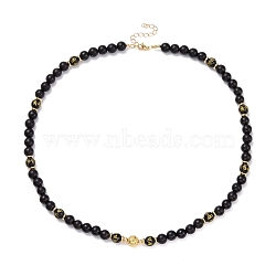 Om Mani Padme Hum Buddhist Jewerly, Round Natural Obsidian & Lava Rock & Wood Beaded Necklace, Black, Real 18K Gold Plated, 21.65 inch(55cm)(NJEW-JN03741)