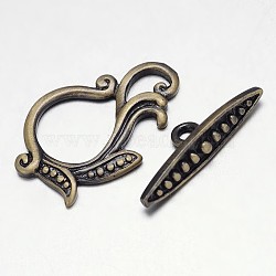 Brushed Antique Bronze Brass Toggle Clasps, Nickel Free, Antique Bronze, Leaf: 25x17x2mm, Bar: 7x23x5mm, Hole: 2mm(KK-L116-25AB-NF)