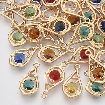 Faceted Glass Pendants, with Eco-Friendly Alloy Open Back Settings, Nickel Free, Teardrop, Light Gold, Mixed Color, 21x11x3.5mm, Hole: 1.6mm