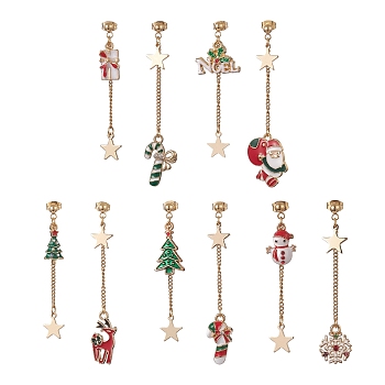 Christmas Theme Alloy Enamel Asymmetrical Earrings, Golden 304 Stainless Steel Dangle Stud Earrings for Women, Mixed Shape, Mixed Color, 56~57mm, Pin: 0.8mm