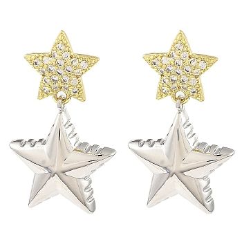 Rack Plating Brass Micro Pave Cubic Zirconia Star Dangle Stud Earrings, Long-Lasting Plated, Lead Free & Cadmium Free, Real 18K Gold Plated, 33.5x19.5mm