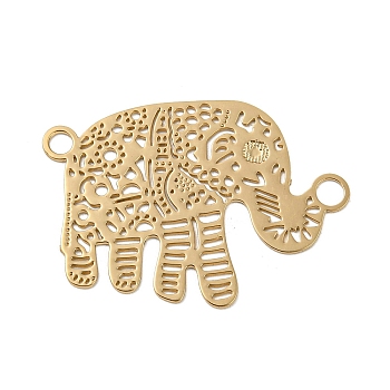 Rack Plating Brass Filigree Connector Charms, Long-Lasting Plated, Elephant Etched Metal Embellishments, Light Gold, 20x28x0.3mm, Hole: 2mm