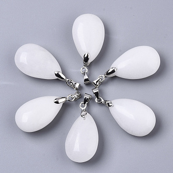 Natural White Jade Pendants, with Stainless Steel Pinch Bails, Teardrop, Stainless Steel Color, 24x15x9~10mm, Hole: 5x4mm
