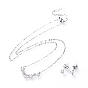 304 Stainless Steel Jewelry Sets, Brass Micro Pave Cubic Zirconia Pendant Necklaces and 304 Stainless Steel Stud Earrings, with Ear Nuts/Earring Back, Twelve Constellations, Clear, Libra, 465x1.5mm