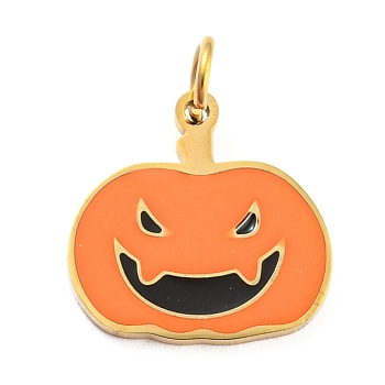Halloween 304 Stainless Steel Charms, with Enamel and Jump Ring, Real 14K Gold Plated, Pumpkin Charm, Dark Orange, 12x12x1mm, Hole: 3mm