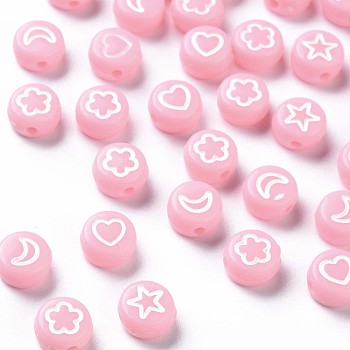 Opaque Acrylic Beads, Flat Round with White Heart & Flower & Moon & Star, Pink, 7x4mm, Hole: 1.6mm