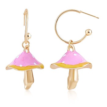 Enamel Mushroom Dangle Stud Earrings, Gold Plated Alloy  Half Hoop Earrings for Women, Pink, 47x24.5mm, Pin: 0.7mm
