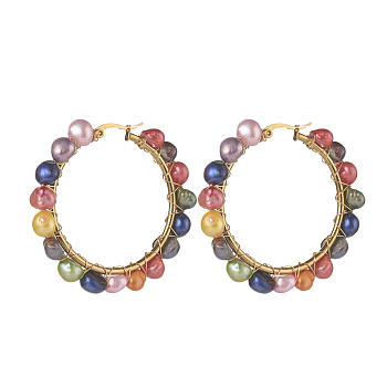 Natural Pearl Beaded Hoop Earrings, with 304 Stainless Steel Hooks, Golden, Colorful, 50x7mm, Pin: 0.7mm