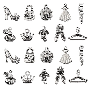 100Pcs 10 Style Tibetan Style Alloy Pendants, Cadmium Free & Lead Free, Perfume & Mirror & High-Heeled Shoes, Mixed Shapes , Antique Silver, 13~34x9~23x1~4mm, Hole: 2mm, 10pcs/style