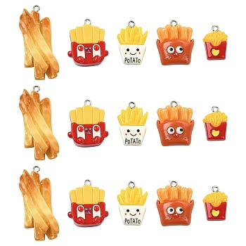 15Pcs 5 Colors Opaque Resin Pendants, Imitation Food, with Platinum Tone Iron Loops, French Fries, Mixed Color, 19~42.5x13~21x4~13.5mm, Hole: 2mm, 3pcs/style