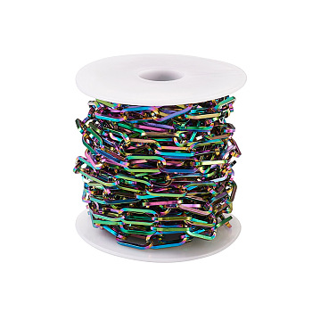 Vacuum Plating 304 Stainless Steel Paperclip Chains, Unwelded, with Spool, Flat Oval, Rainbow Color, 6x1.5mm, about 5m/roll