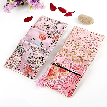 Square Chinese Style Brocade Zipper Bags with Tassel, for Bracelet, Necklace, Random Pattern, Pink, 11.5x11.5cm
