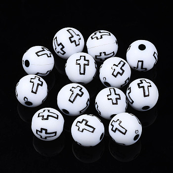 Opaque Acrylic Beads, Round with Cross, White, 10x9.5mm, Hole: 2mm