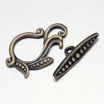 Brushed Antique Bronze Brass Toggle Clasps, Nickel Free, Antique Bronze, Leaf: 25x17x2mm, Bar: 7x23x5mm, Hole: 2mm