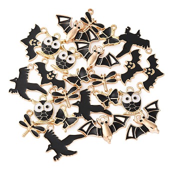 24Pcs 6 Styles Light Gold Alloy Enamel Pendants, Bird & Bat & Owl & Butterfly & Dragonfly, Black, 13~21x12~29x1.5~3.8mm, Hole: 1.5~2mm, 4pcs/style