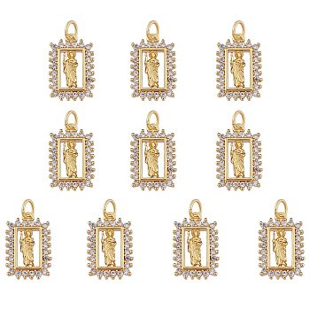 Rack Plating Brass Micro Pave Clear Cubic Zirconia Pendants, with Jump Rings, Long-Lasting Plated, Cadmium Free & Lead Free, Rectangle with Saint, Real 18K Gold Plated, 17x11x3mm, Hole: 3.2mm