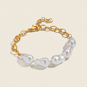 Elegant Natural Pearl Beads Link Bracelets, 304 Stainless Steel Cable Chain Bracelets for Women, Nuggets, Real 18K Gold Plated, 7.28 inch(18.5cm)