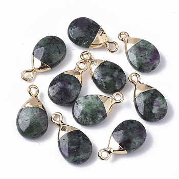 Natural Ruby in Zoisite Pendants, with Top Golden Plated Iron Loops, Teardrop, Faceted, 17~19x10x5mm, Hole: 1.8mm