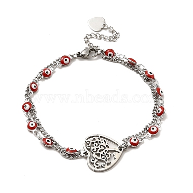 Red Enamel Evil Eye & 304 Stainless Steel Curb Chains Double Layer Multi-strand Bracelet with Charm for Women(BJEW-C025-09P)-2