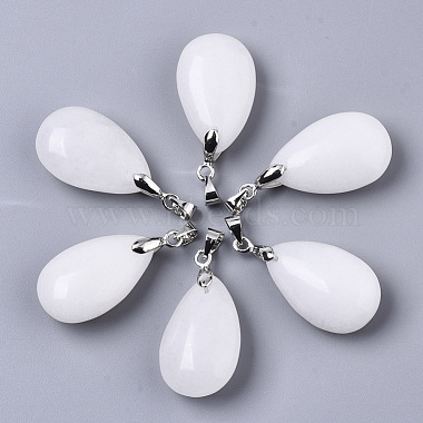 Stainless Steel Color Teardrop White Jade Pendants