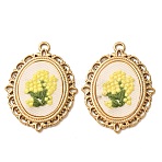304 Stainless Steel with Cloth Pendants, Ion Plating(IP), Oval with Flower Charms, Real 18K Gold Plated, Yellow, 40x30x4.5mm, Hole: 2.5mm(FB-CBAFBAF-14G-02)