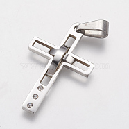 316 Surgical Stainless Steel Pendants, with Rhinestone, Cross, Stainless Steel Color, 30x18x3mm, Hole: 3x6mm(STAS-J021-15P)