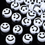Opaque Acrylic Beads, Flat Round with Smiling Face, White, 7x4mm, Hole: 1.8mm, about 367pcs/50g(X-SACR-S273-46-A01)